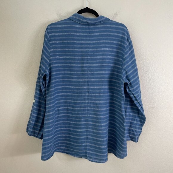 Habitat Womens Large Blue Striped 100% Linen Button Up Shirt Lagenlook Top - Picture 10 of 10